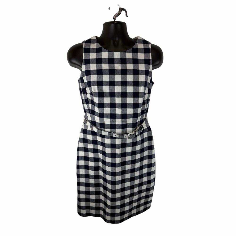 J.Crew Belted Gingham Sheath Dress Navy White Size 8 NEW Cotton Stretch